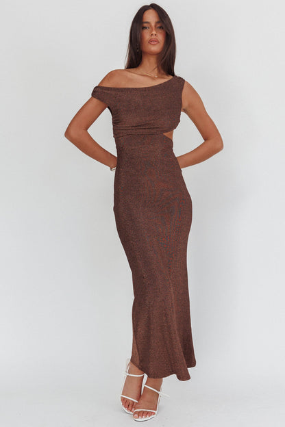 In Blooms Asymmetric Neckline Maxi Dress Shimmer Chocolate