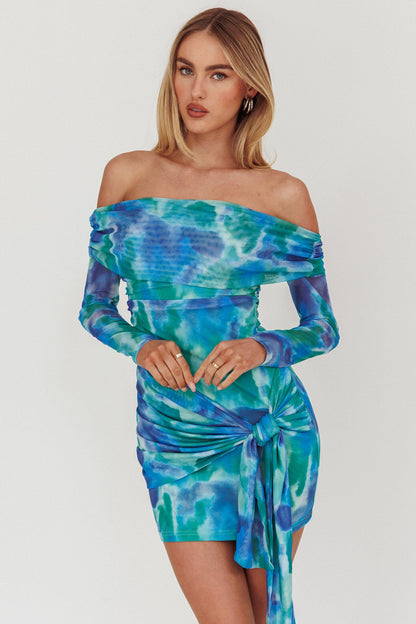 Dangerous Off-Shoulder Waist Tie Mesh Mini Dress Print Blue