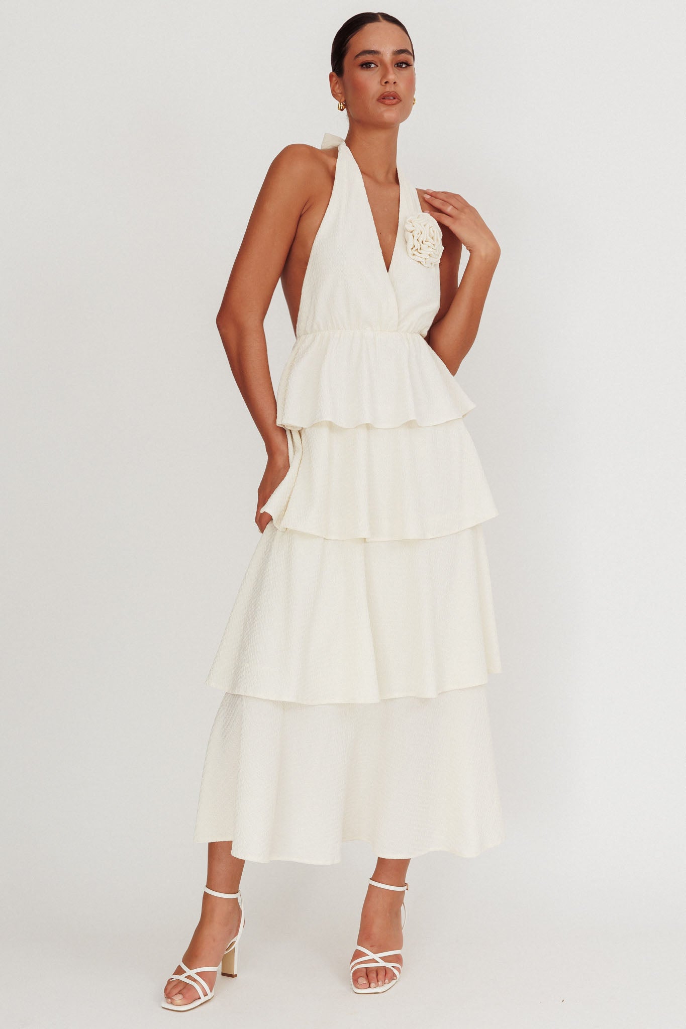 Kimberley Halter Neck Ruffle Maxi Dress Beige