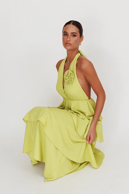 Kimberley Halter Neck Ruffle Maxi Dress Matcha