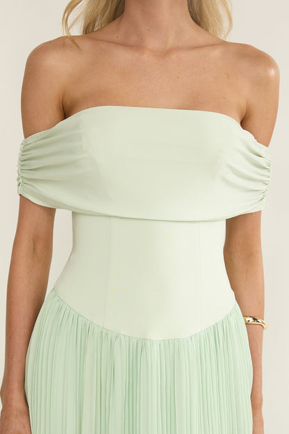 Flutters Off-Shoulder Accordion Pleat Dress Sage