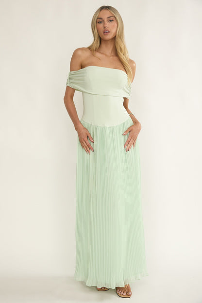 Flutters Off-Shoulder Accordion Pleat Dress Sage