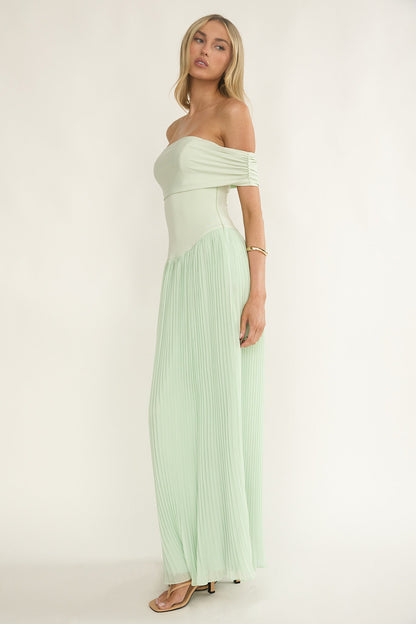 Flutters Off-Shoulder Accordion Pleat Dress Sage