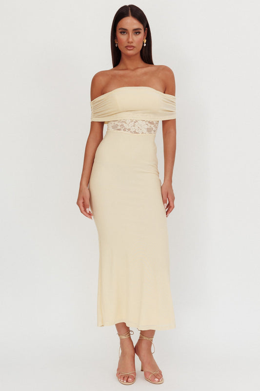 Flutters Off-Shoulder Lace Insert Maxi Dress Cream