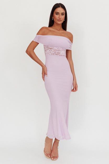 Flutters Off-Shoulder Lace Insert Maxi Dress Lilac