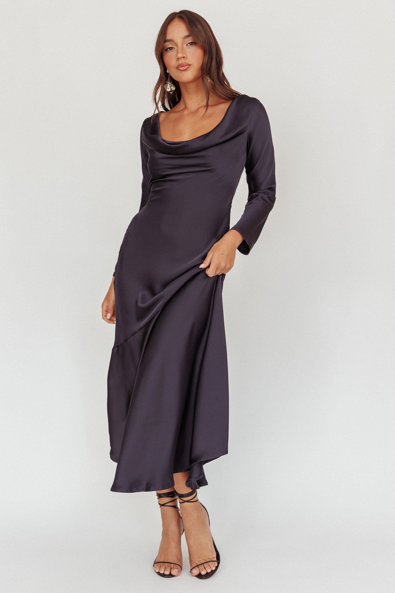 Cecilia Long Sleeve Drape Back Maxi Dress Navy