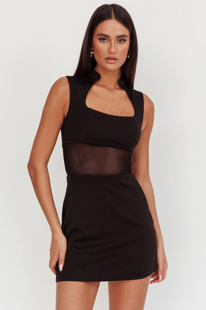 Astro Mandarin Collar Mesh Mini Dress Black