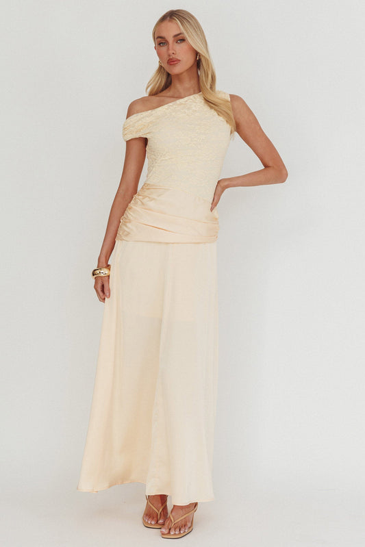 Diana Asymmetric Shoulder Pleat Waist Maxi Dress Butter