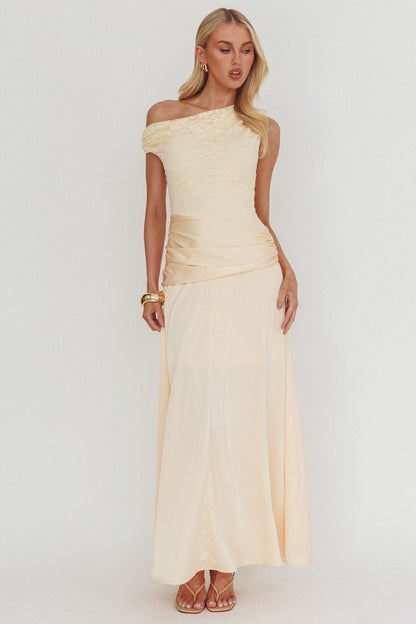 Diana Asymmetric Shoulder Pleat Waist Maxi Dress Butter