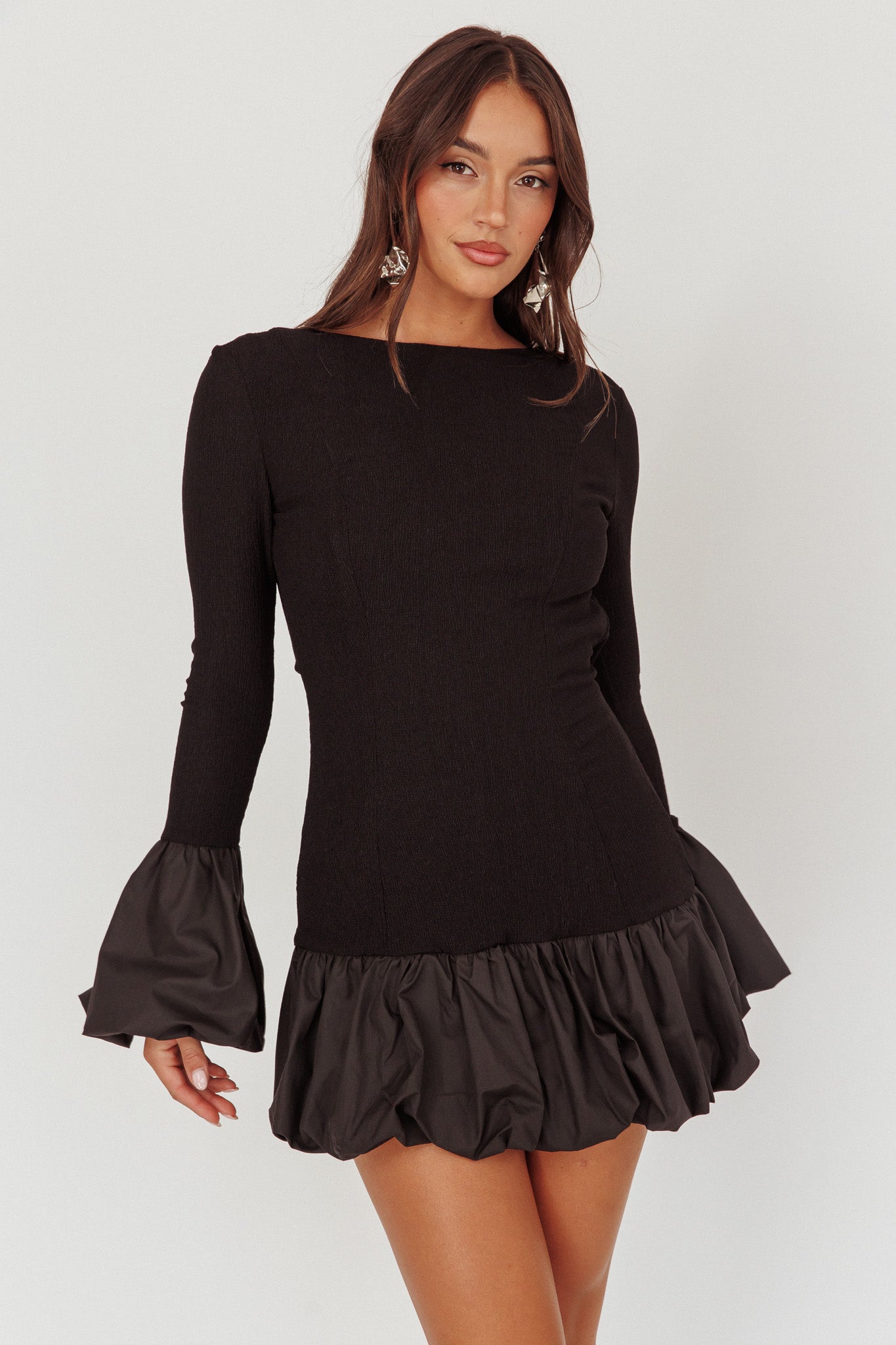 Promise Bubble Hem Open Back Mini Dress Black
