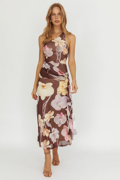Kimbra Waist Sash Maxi Dress Floral Brown