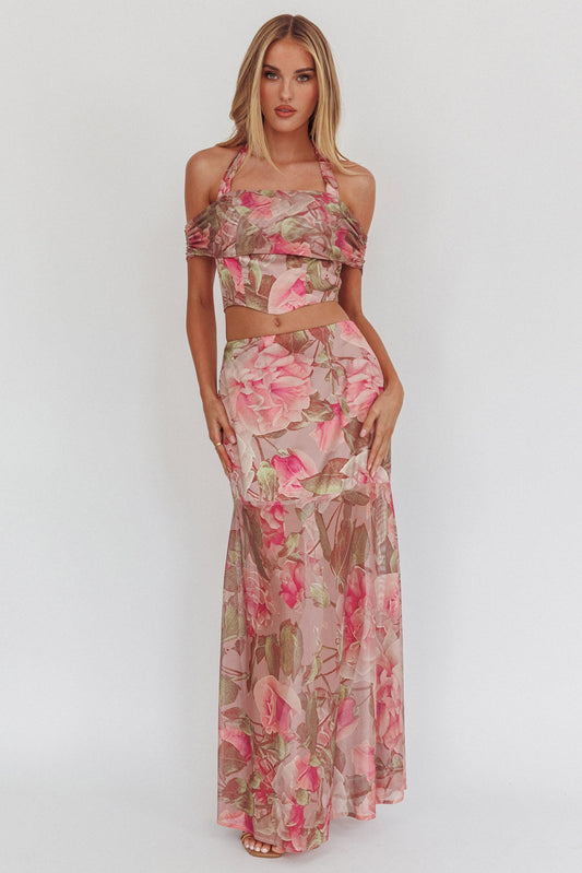 Sunset High Sheer Hem Maxi Skirt Floral Blush