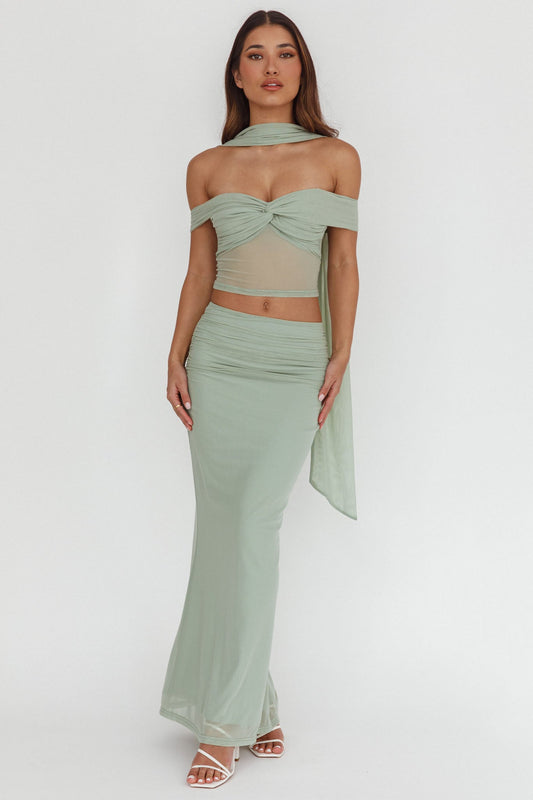 All The Lights Ruched Midi Skirt Sage