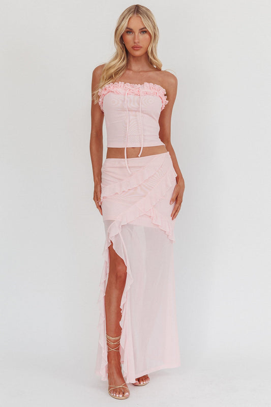 Frosted Sugar Ruffle Trim Split Midi Skirt Pink