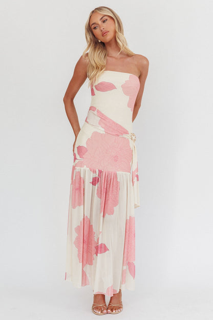 Antonella Strapless Waist Sash Maxi Dress Floral Pink