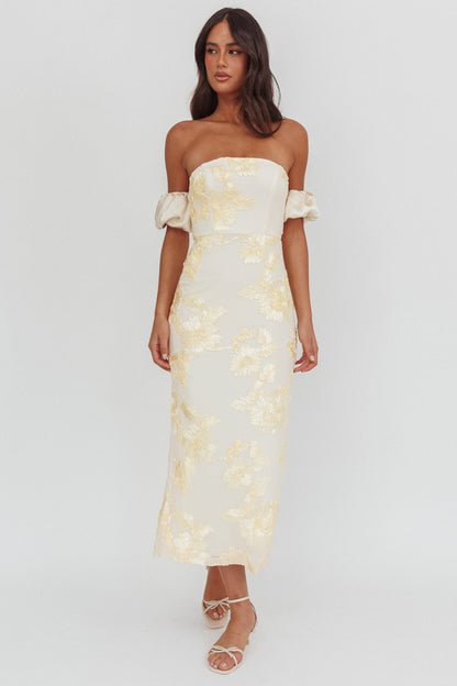 Roman Holiday Puff Sleeve Embellished Midi Dress Gold