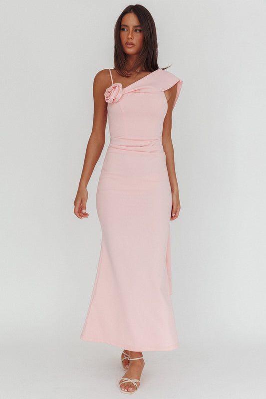 Sugar High Asymmetric Shoulder Drape Maxi Dress Pink