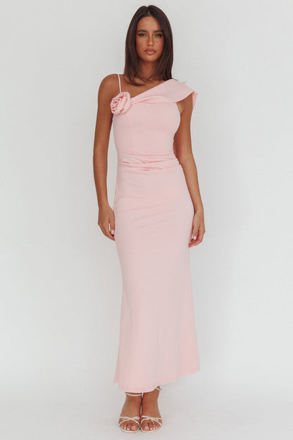 Sugar High Asymmetric Shoulder Drape Maxi Dress Pink