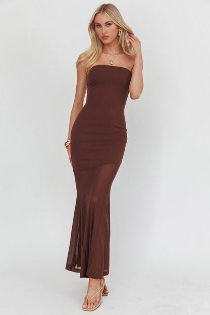 Calluna Strapless Sheer Godet Hem Maxi Dress Chocolate
