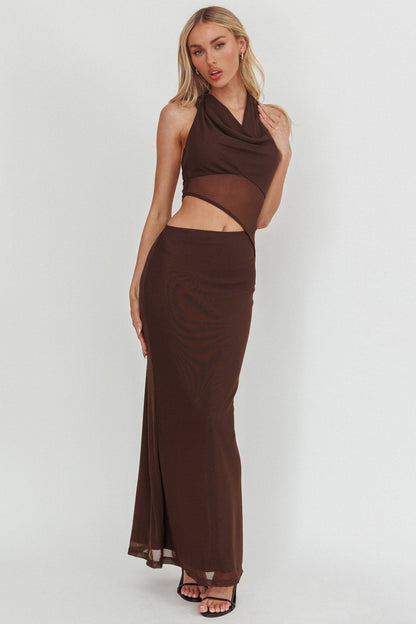 Playing Games Cut-Out Cowl Halter Dress Chocolate