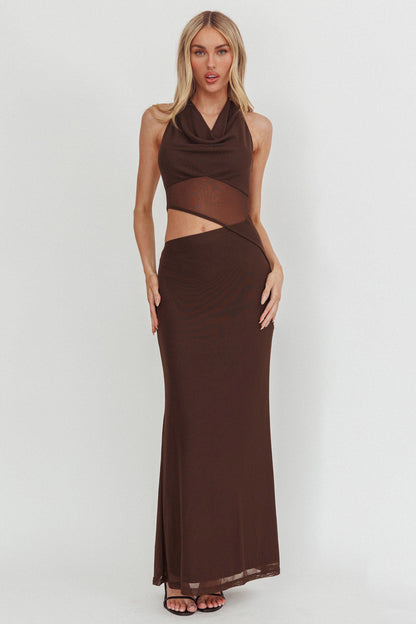 Playing Games Cut-Out Cowl Halter Dress Chocolate