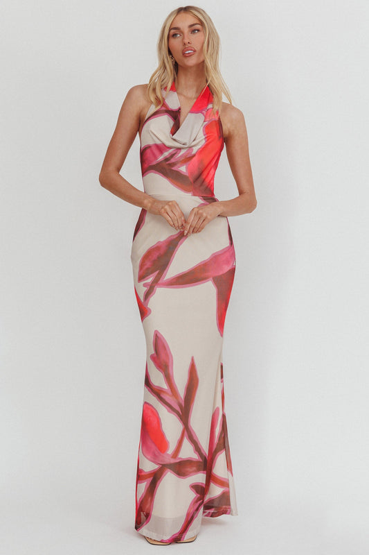 Outlier Cowl Halterneck Maxi Dress Print Beige