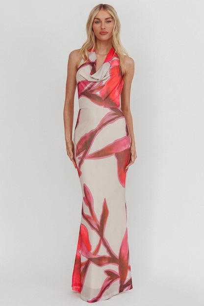 Outlier Cowl Halterneck Maxi Dress Print Beige