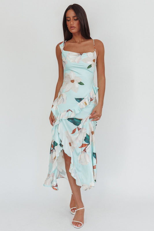 Sunshine Eternity Asymmetric Neckline Ruffle Maxi Dress Floral Mint