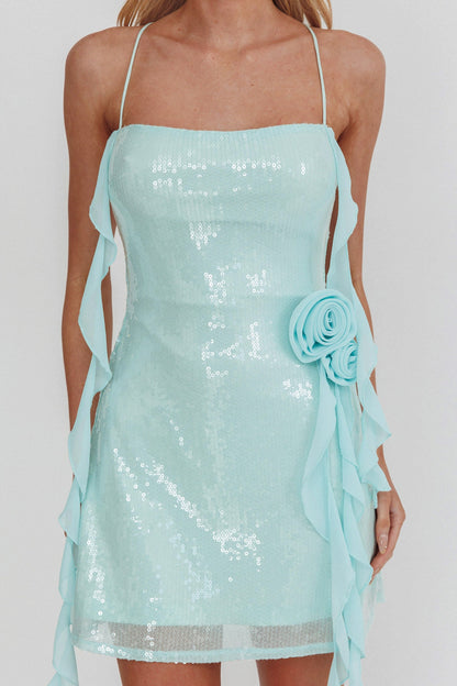Standing Out Ruffle Rosette Trim Sequin Mini Dress Mint