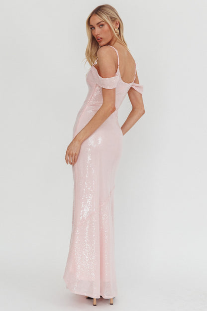 Madrid Sunset Off-Shoulder Sequin Maxi Dress Pink