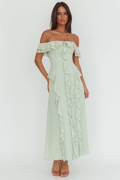 Scarlet Off-Shoulder Ruffle Trim Maxi Dress Sage