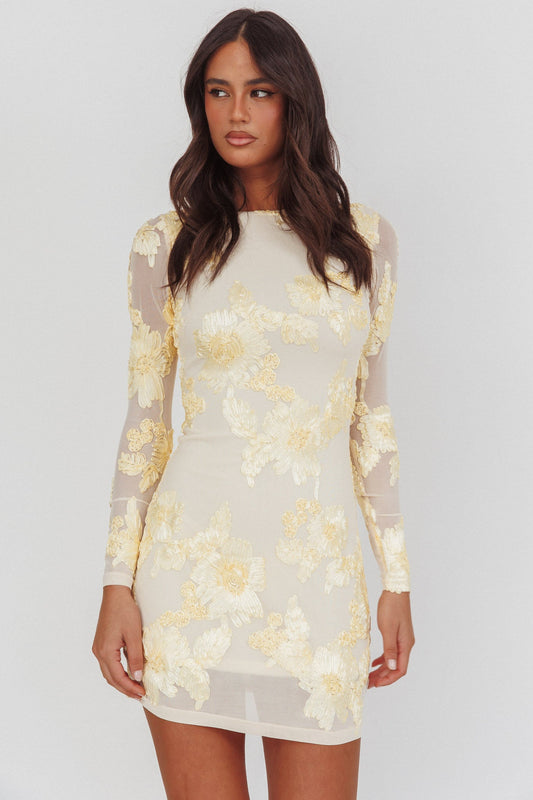 Karma Long Sleeve Scoop Back Dress Embellished Yellow