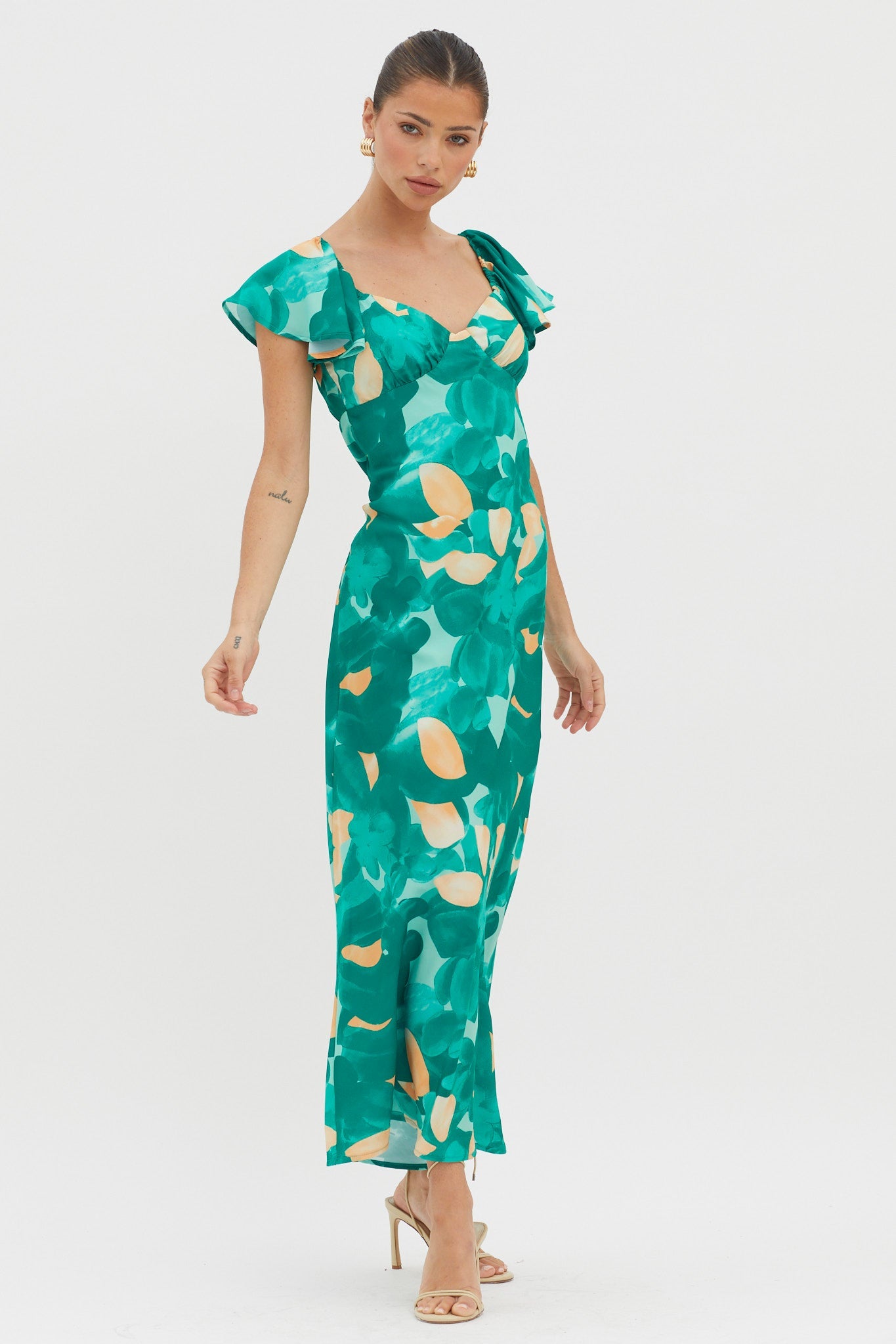 Park Avenue Flutter Sleeve Midi Dress Abstract Green