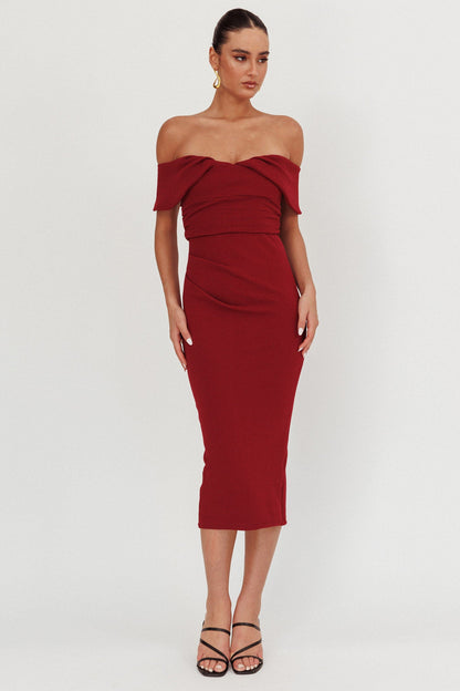 Lillianne Off-Shoulder Midi Dress Wine