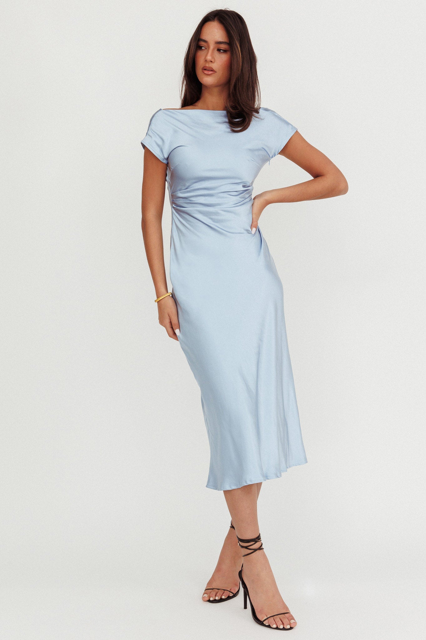 Loveland Cap Sleeve Cowl Back Midi Dress Baby Blue