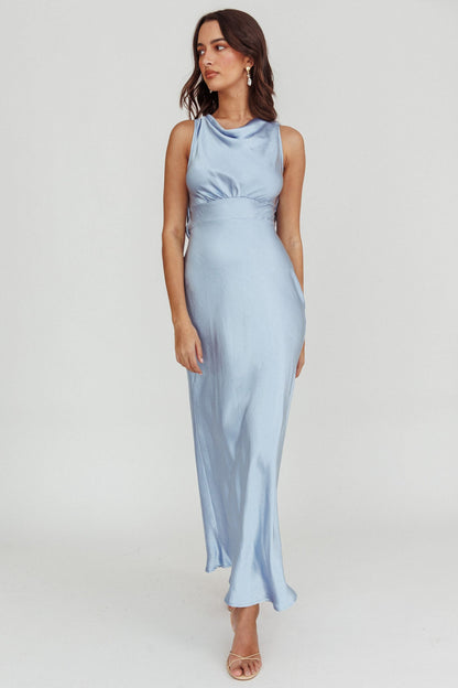 Isabella Satin Backless Maxi Dress Ocean