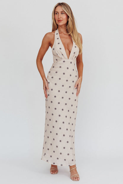 Of Your Dreams Plunging Halter Dress Oat