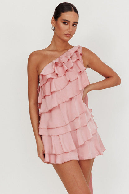 Arrabel Tiered Ruffle One Shoulder Mini Dress Pink