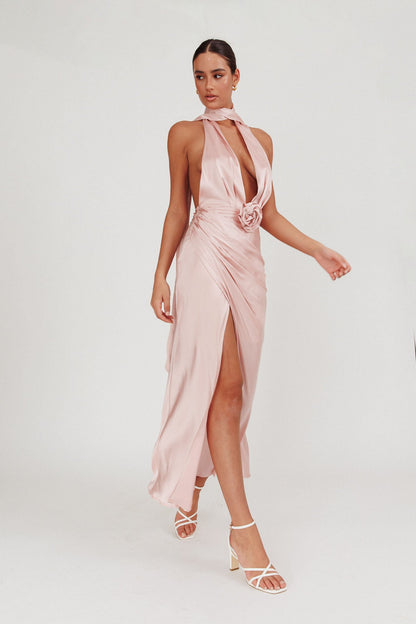 Italia Azure Halterneck Rosette Maxi Dress Blush