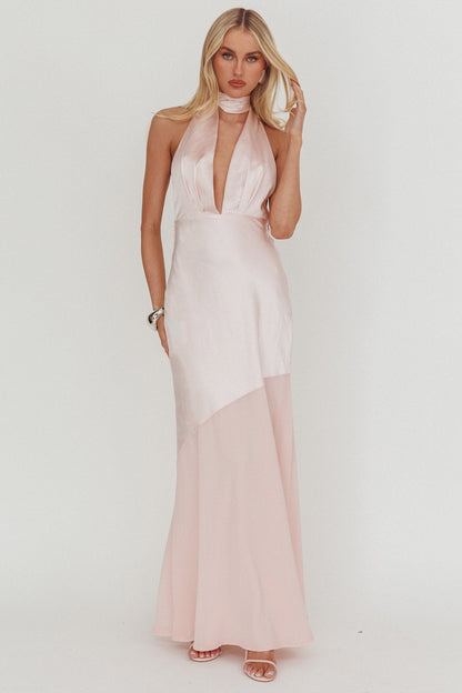 Italia Azure Halterneck Sheer Hem Maxi Dress Blush