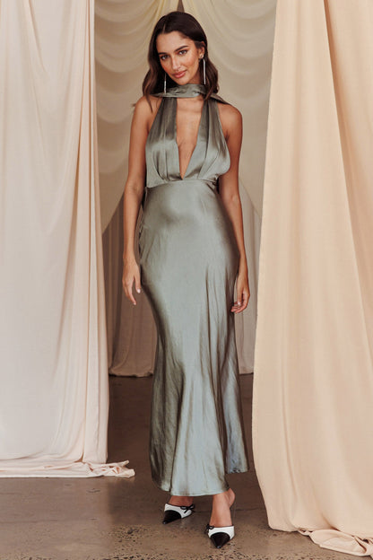 Italia Azure Halterneck Maxi Dress Khaki