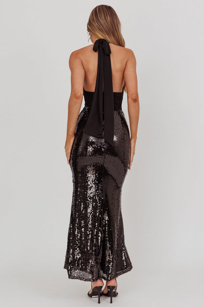 Italia Azure Halterneck Sequin Maxi Dress Black