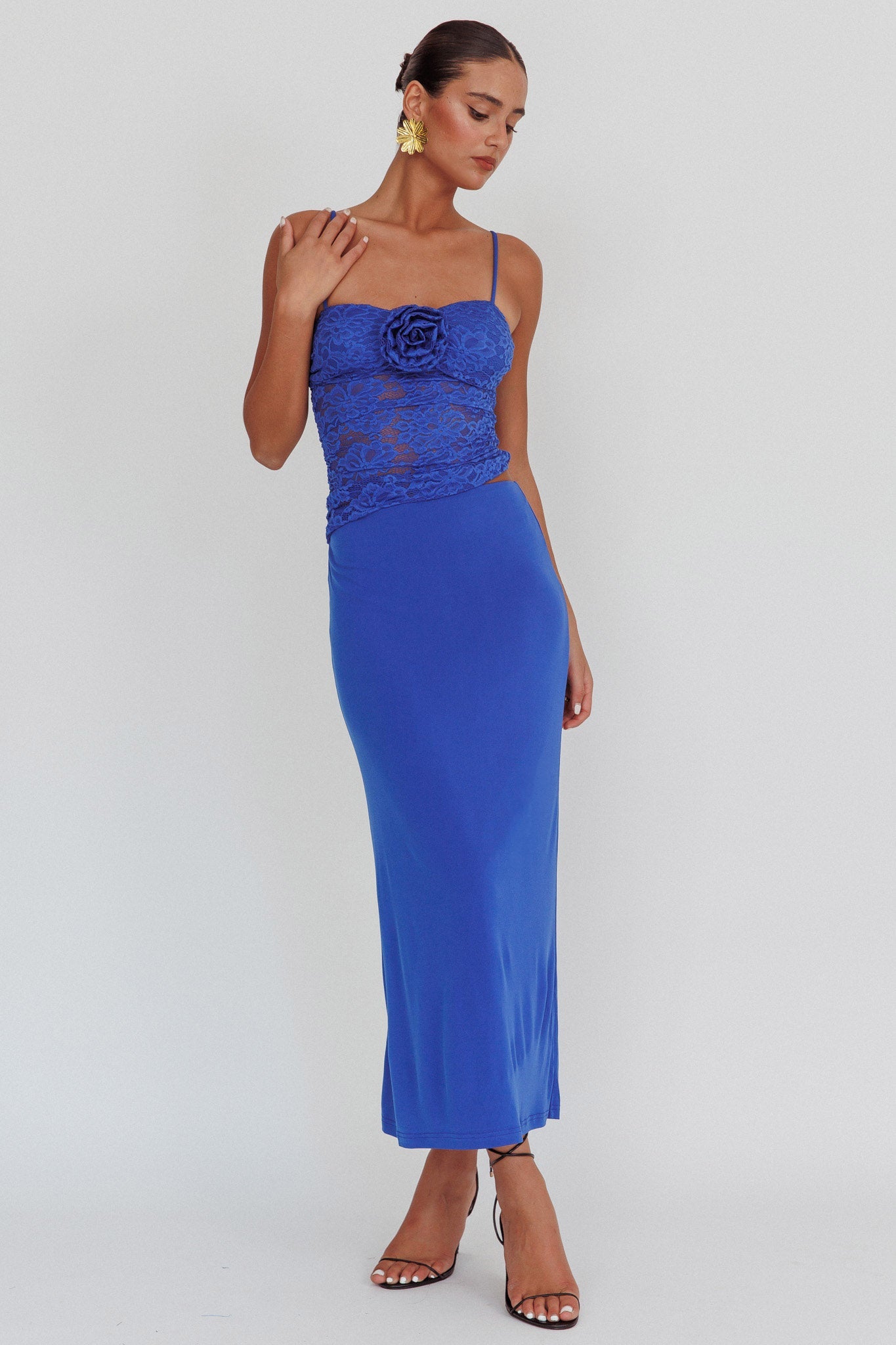 Lorely Lace Rosette Maxi Dress Top Blue