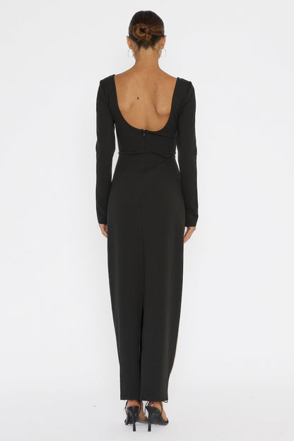 Shenae Long Sleeve Piping Midi Dress Black