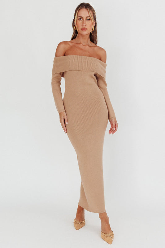 Winter Wonder Off-Shoulder Knit Maxi Dress Mocha
