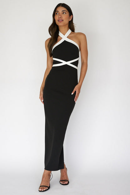 Eleganza Halterneck Contrast Maxi Dress Black