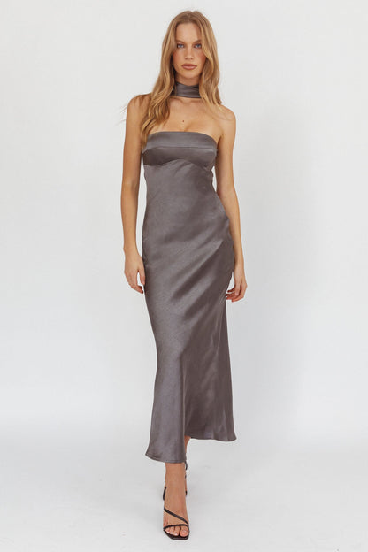 Damsel Reverse Halter Maxi Dress Satin Charcoal