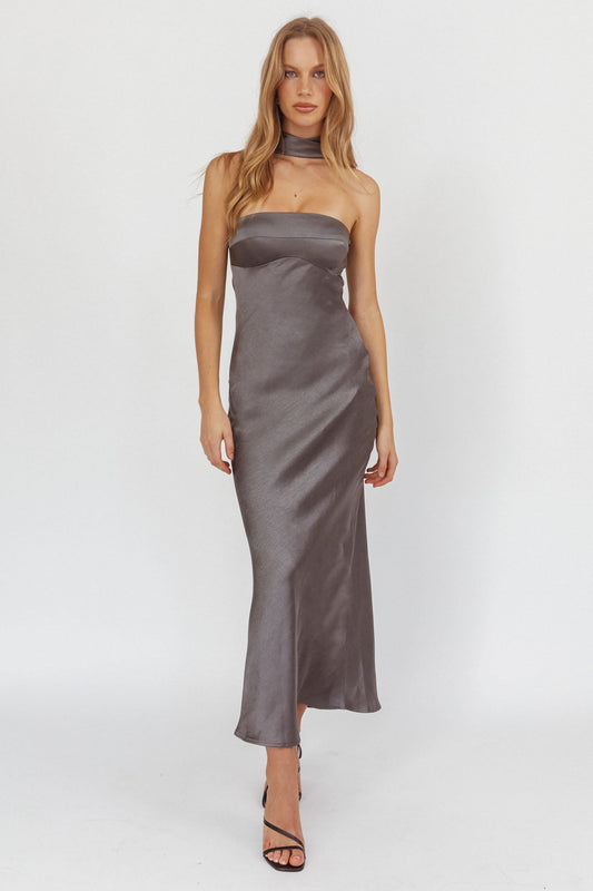 Damsel Reverse Halter Maxi Dress Satin Charcoal