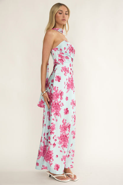 City Of Stars Strapless Scarf Maxi Dress Floral Ice Blue