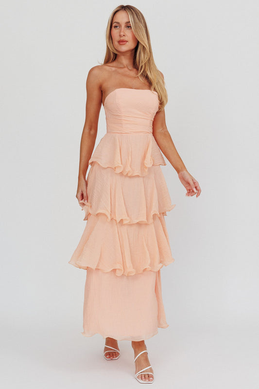 Giavana Strapless Layered Ruffles Midi Dress Blush